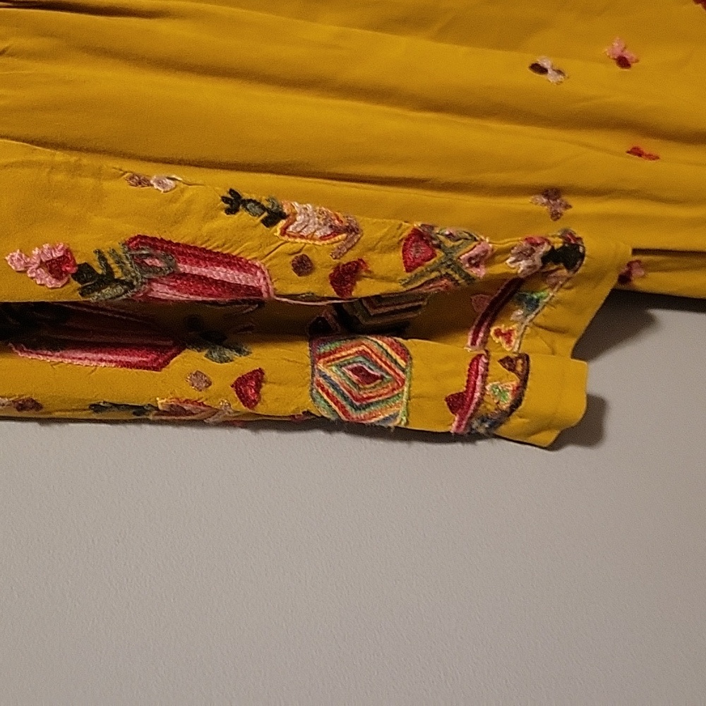 Anthropologie Mustard Yellow Embroidered Border Long-Sleeve Dress - Picture 4 of 11